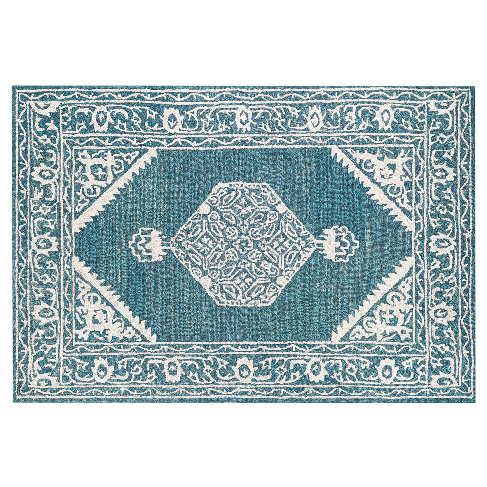 Tappeto bianco blu lana 140 x 200 cm tessuto piatto fatto a mano motivo orientale