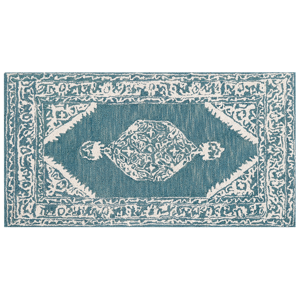 Tappeto bianco blu lana 80 x 150 cm tessuto piatto fatto a mano motivo orientale