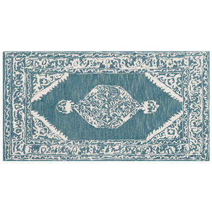 Tappeto bianco blu lana 80 x 150 cm tessuto piatto fatto a mano motivo orientale