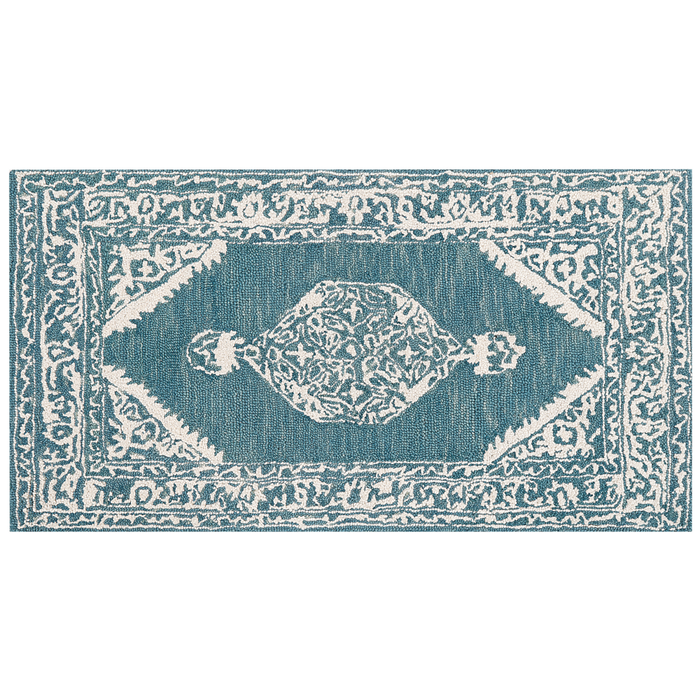 Tappeto bianco blu lana 80 x 150 cm tessuto piatto fatto a mano motivo orientale