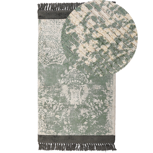 Tappeto vintage in viscosa con frange 80 x 150 cm verde e beige stile classico e retrò camera da letto soggiorno