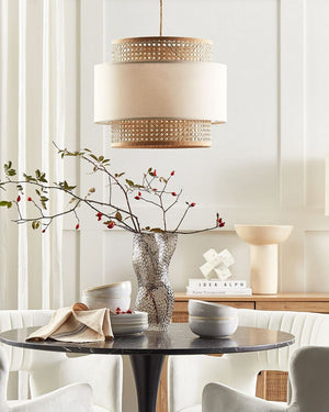 Lampada a sospensione beige rattan naturale paralume in poliestere boho illuminazione lampadario