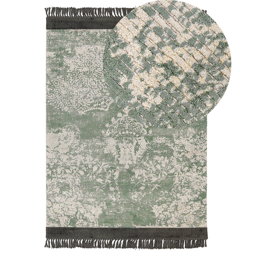 Tappeto vintage in viscosa con frange 140 x 200 cm verde e beige stile classico e retrò camera da letto soggiorno