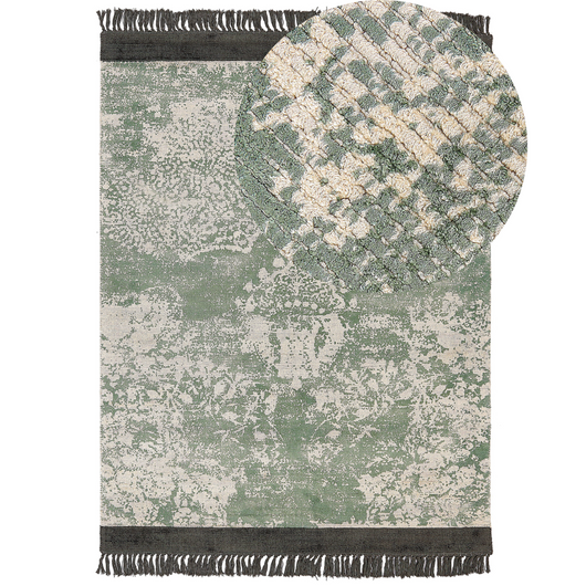 Tappeto vintage in viscosa con frange 160 x 230 cm verde e beige stile classico e retrò camera da letto soggiorno