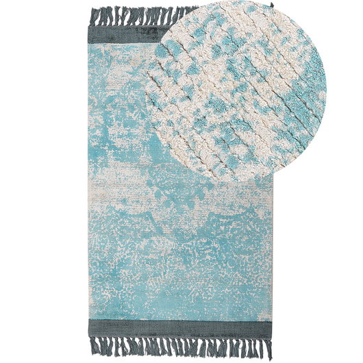 Tappeto vintage in viscosa con frange 80 x 150 cm blu e beige stile classico e retrò camera da letto soggiorno