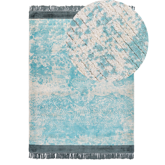 Tappeto vintage in viscosa con frange 140 x 200 cm blu e beige stile classico e retrò camera da letto soggiorno