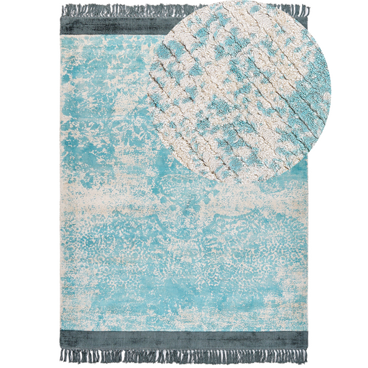 Tappeto vintage in viscosa con frange 160 x 230 cm blu e beige stile classico e retrò camera da letto soggiorno