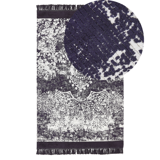 Tappeto vintage in viscosa con frange 140 x 200 cm viola e bianco stile classico e retrò camera da letto soggiorno