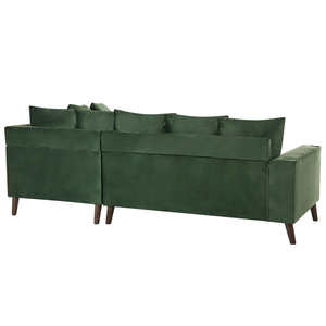 Divano ad angolo cuscini in tessuto di velluto verde scuro gambe in metallo con finitura in legno