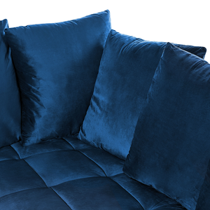 Divano ad angolo cuscini in tessuto di velluto blu navy gambe in metallo con finitura in legno