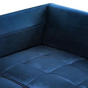 Divano ad angolo cuscini in tessuto di velluto blu navy gambe in metallo con finitura in legno