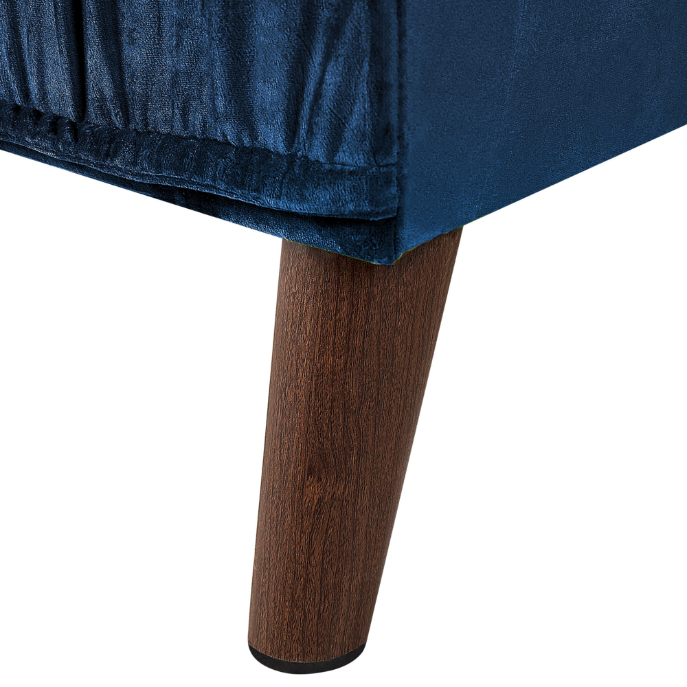 Divano ad angolo cuscini in tessuto di velluto blu navy gambe in metallo con finitura in legno