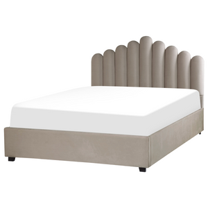 Letto contenitore matrimoniale rete a doghe velluto tortora 160 x 200 testiera a conchiglia