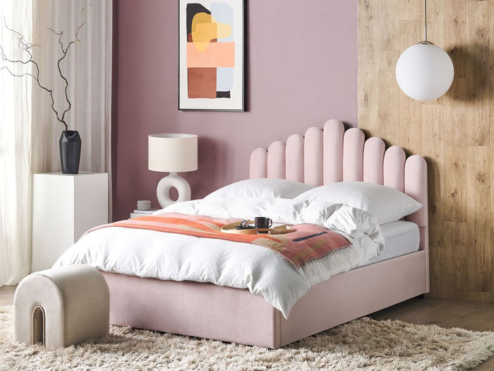 Letto contenitore matrimoniale rete a doghe velluto rosa 140 x 200 testiera a conchiglia