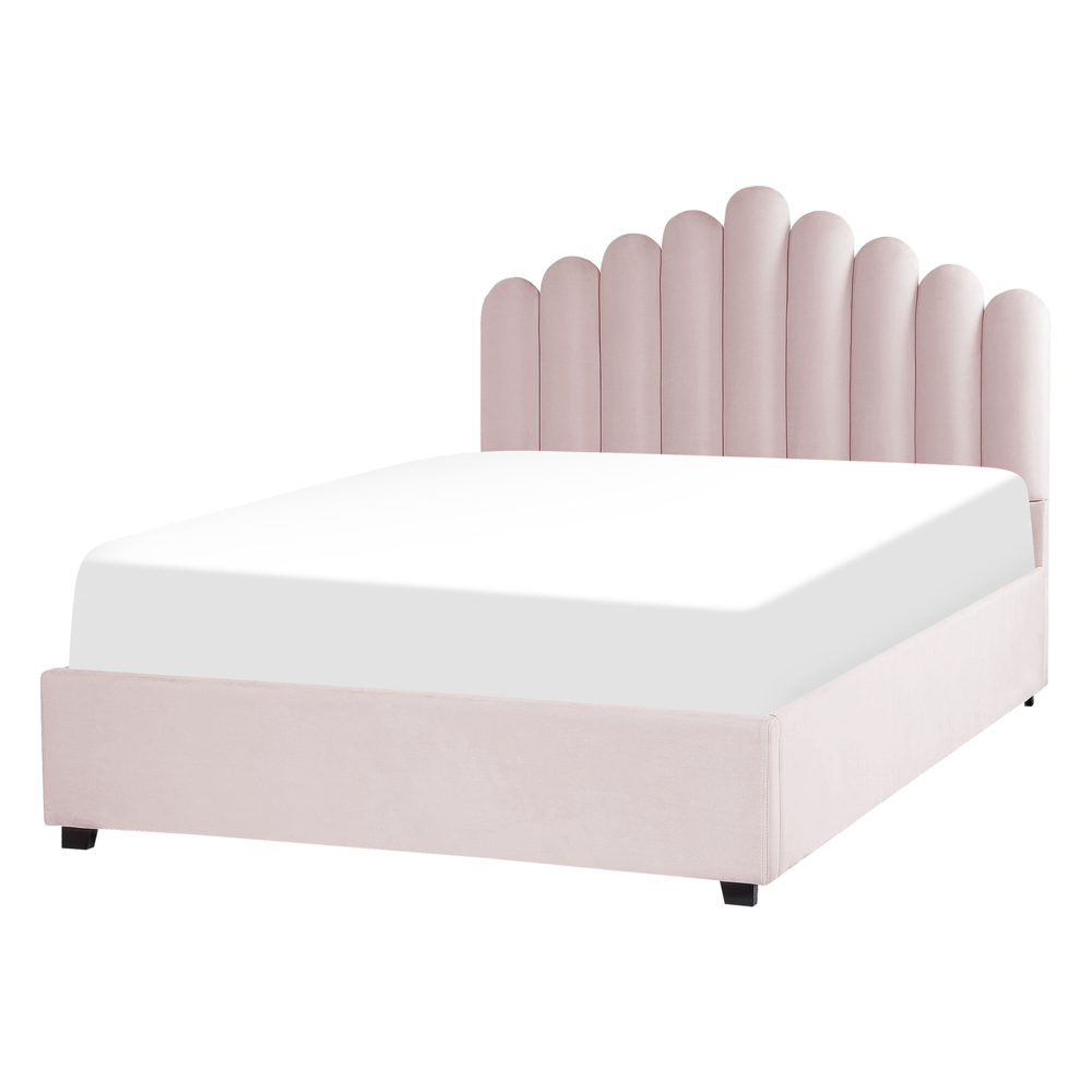 Letto contenitore matrimoniale rete a doghe velluto rosa 140 x 200 testiera a conchiglia