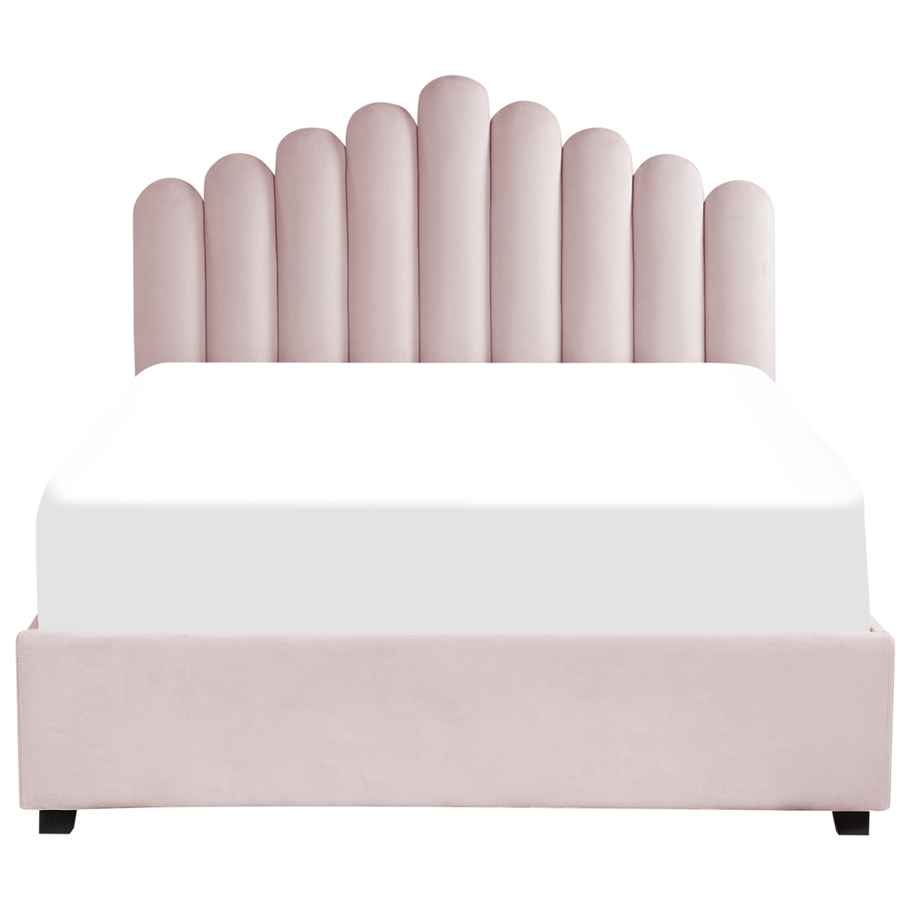 Letto contenitore matrimoniale rete a doghe velluto rosa 140 x 200 testiera a conchiglia