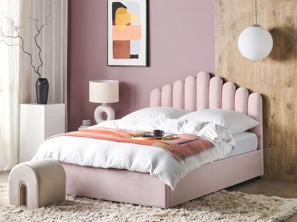 Letto contenitore matrimoniale rete a doghe velluto rosa 160 x 200 testiera a conchiglia