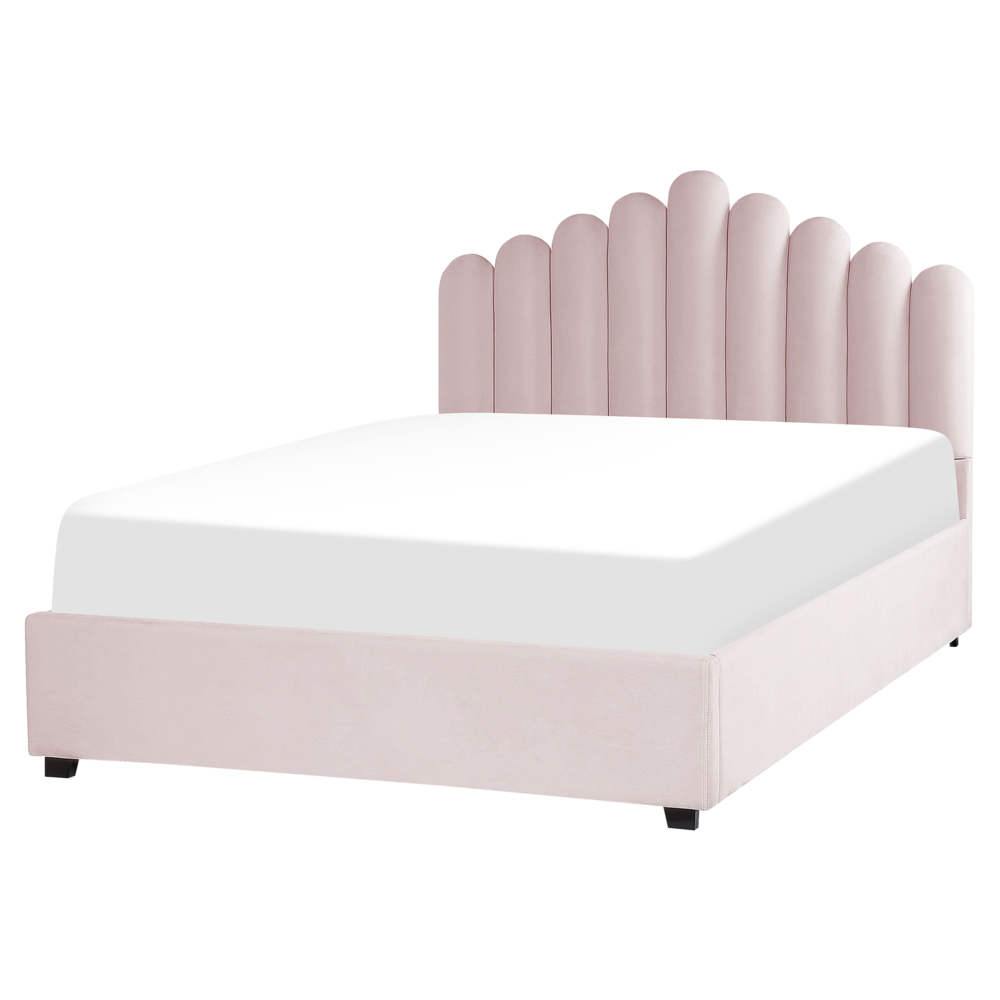 Letto contenitore matrimoniale rete a doghe velluto rosa 160 x 200 testiera a conchiglia