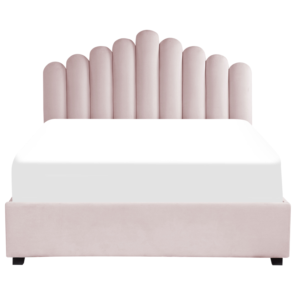 Letto contenitore matrimoniale rete a doghe velluto rosa 160 x 200 testiera a conchiglia