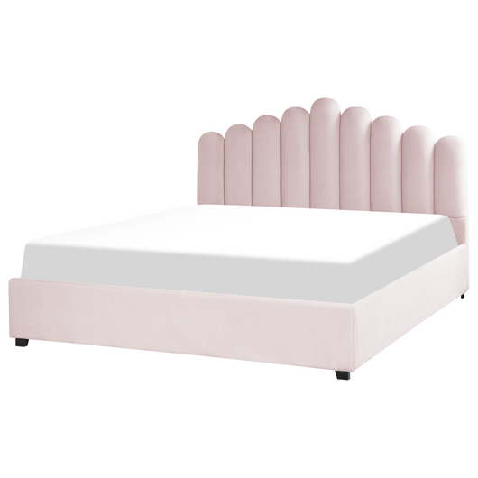 Letto contenitore matrimoniale rete a doghe velluto rosa 180 x 200 testiera a conchiglia