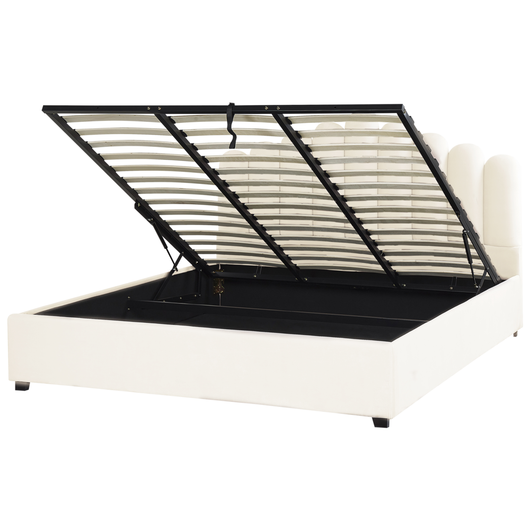 Letto contenitore matrimoniale rete a doghe velluto bianco sporco 180 x 200 testiera a conchiglia