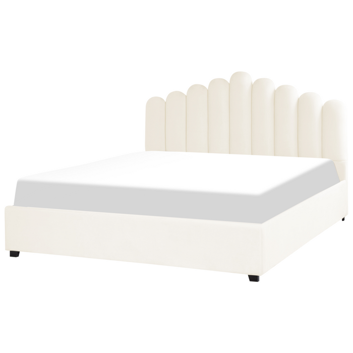 Letto contenitore matrimoniale rete a doghe velluto bianco sporco 180 x 200 testiera a conchiglia