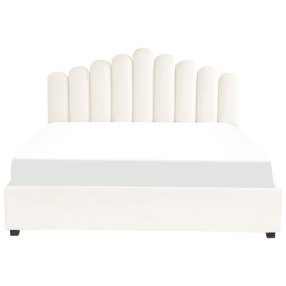 Letto contenitore matrimoniale rete a doghe velluto bianco sporco 180 x 200 testiera a conchiglia