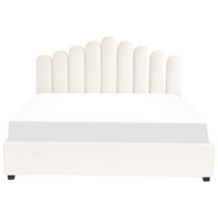 Letto contenitore matrimoniale rete a doghe velluto bianco sporco 180 x 200 testiera a conchiglia