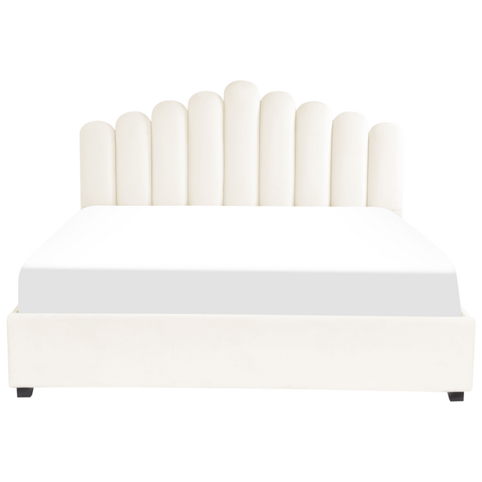 Letto contenitore matrimoniale rete a doghe velluto bianco sporco 180 x 200 testiera a conchiglia