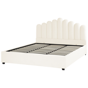 Letto contenitore matrimoniale rete a doghe velluto bianco sporco 180 x 200 testiera a conchiglia