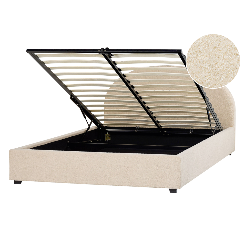 Letto contenitore matrimoniale imbottito tessuto beige retrò minimalista 140 x 200