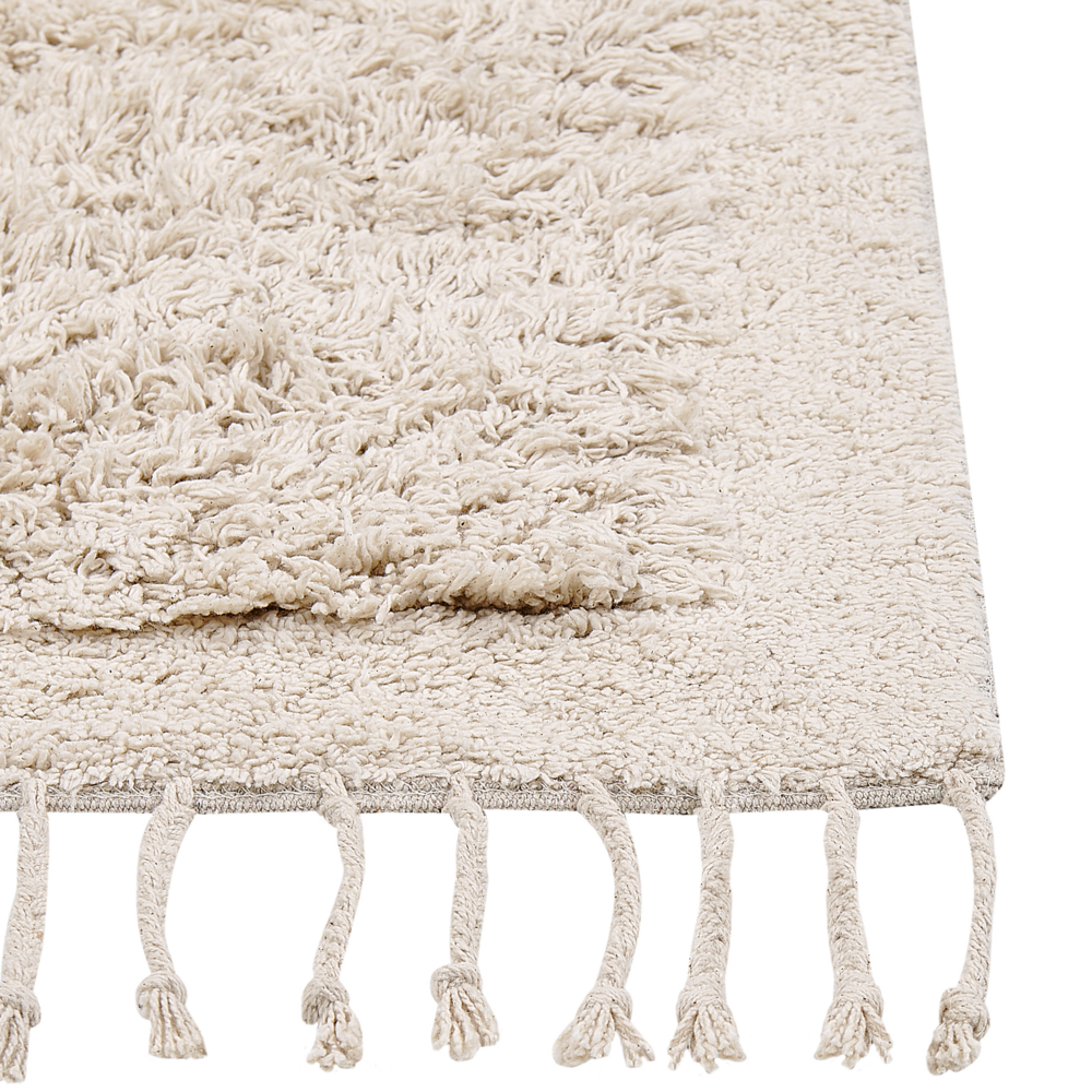 Tappeto rettangolare in cotone beige 140 x 200 cm con frange boho soggiorno camera da letto