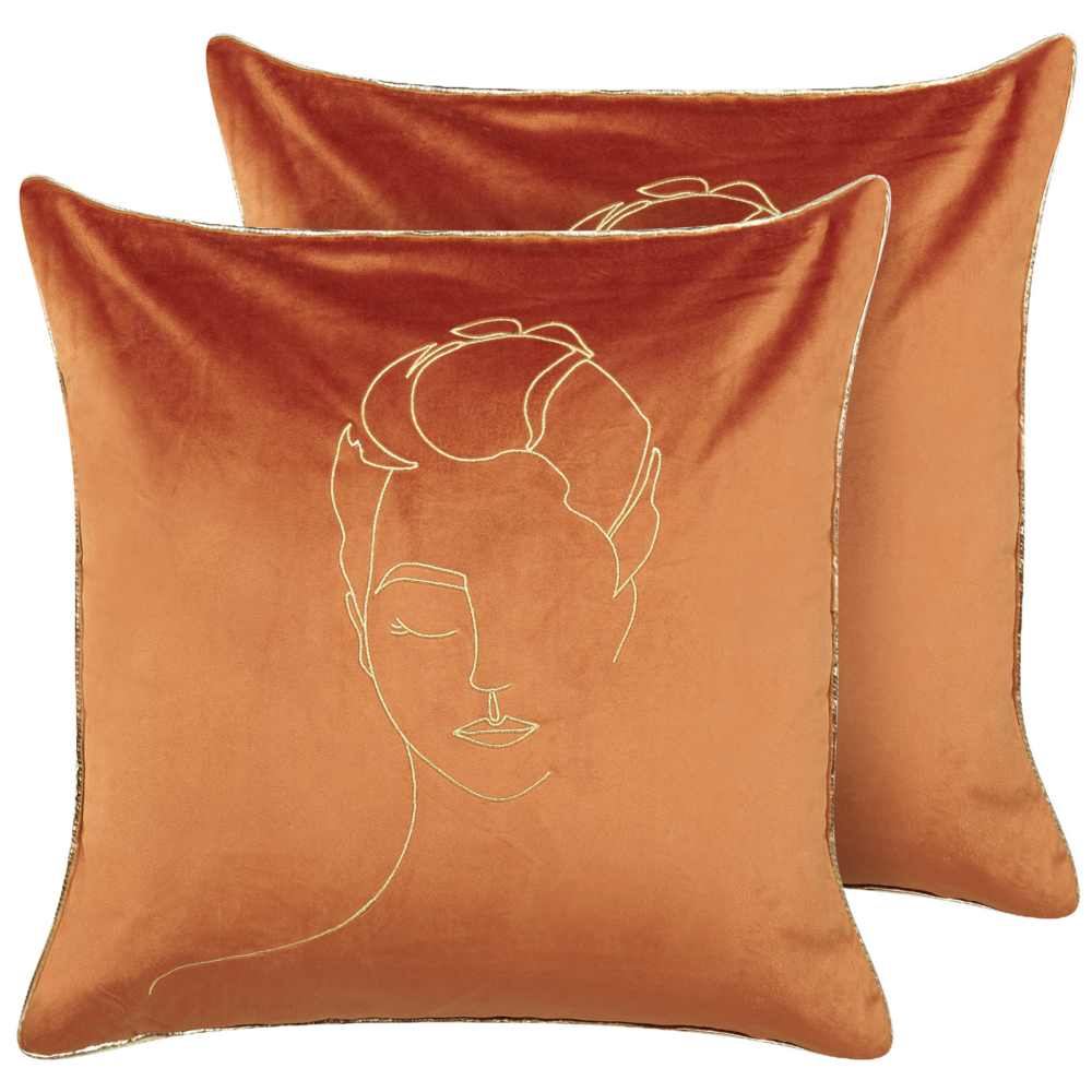 Set di 2 cuscini decorativi in velluto arancione e oro 45 x 45 cm motivo viso glamour accessori decorativi