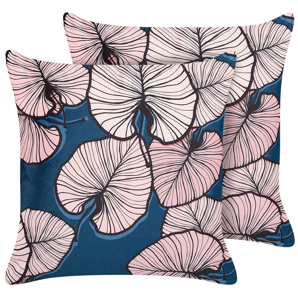 Set di 2 cuscini decorativi velluto blu rosa 45 x 45 cm stampa foglia accessori decoro glamour