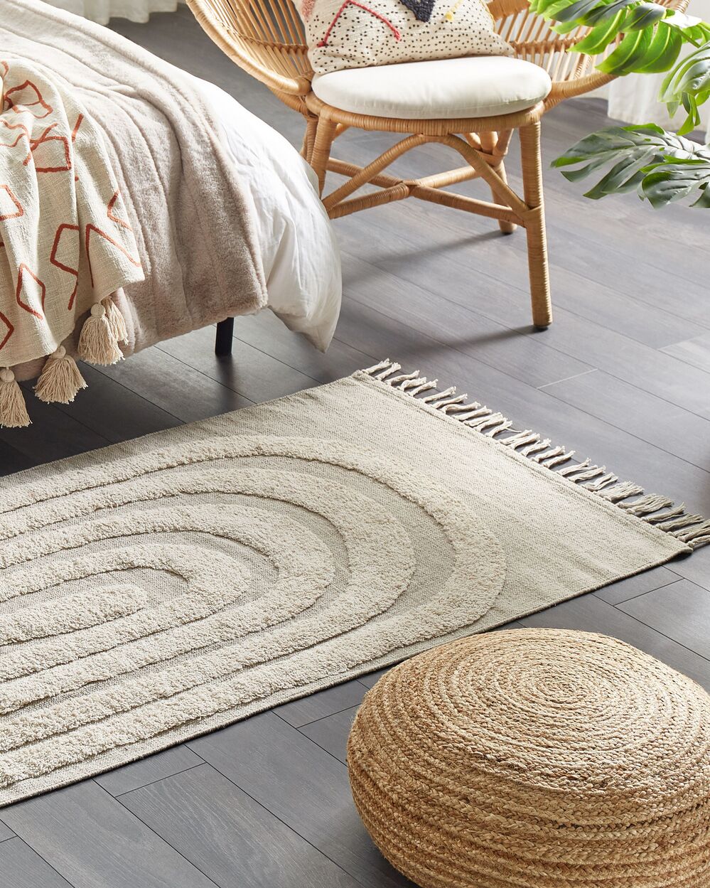 Tappeto rettangolare in cotone beige 80 x 150 cm con frange boho soggiorno camera da letto