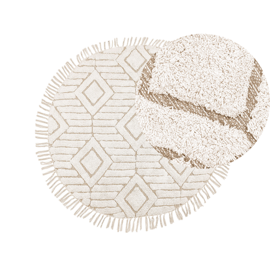 Tappeto rotondo in cotone beige ⌀ 140 cm trapuntato con motivo a frange boho soggiorno camera da letto