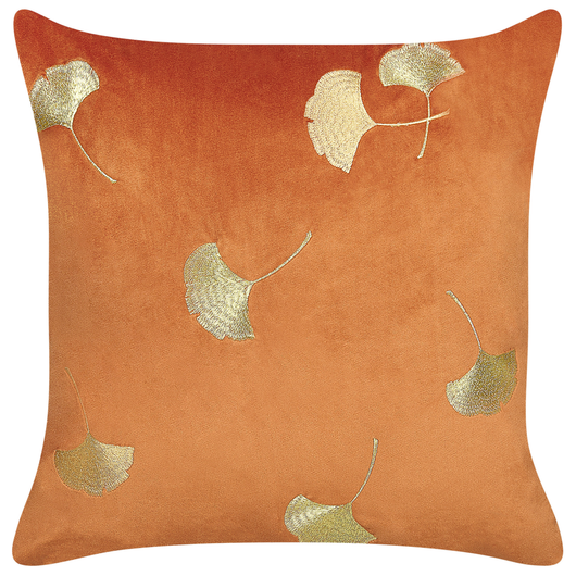 Set di 2 cuscini di velluto di colore arancione  e dorato con motivo foglia 45 x 45 cm glamour soggiorno camera da letto