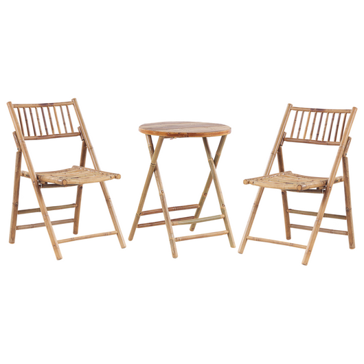 Set da giardino tavolino pieghevole e 2 sedie in bambù naturale e cuscini di colore bianco esterno