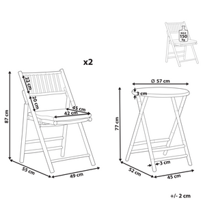 Set da giardino tavolino pieghevole e 2 sedie in bambù naturale e cuscini di colore bianco esterno