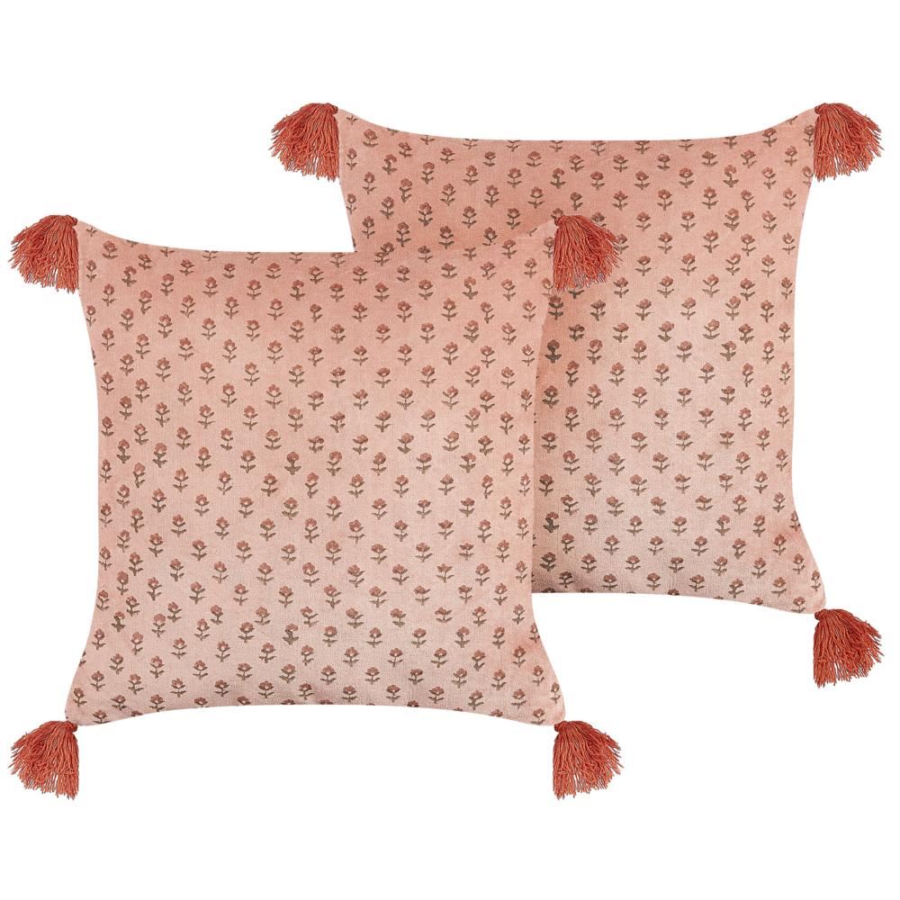 Set di 2 cuscini in velluto con motivo floreale 45x45 cm rosa soggiorno camera da letto stile boho