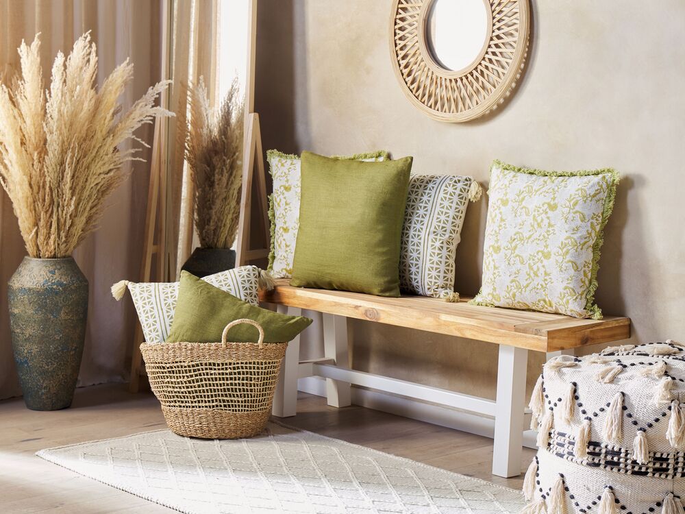 Set di 2 cuscini in cotone con frange di colore verde e bianco 45 x 45 cm camera da letto soggiorno