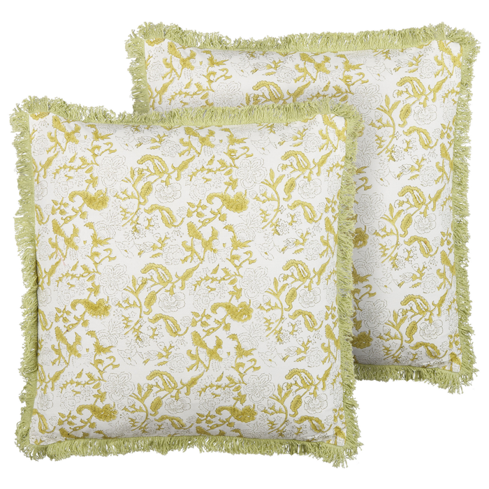 Set di 2 cuscini in cotone con frange di colore verde e bianco 45 x 45 cm camera da letto soggiorno