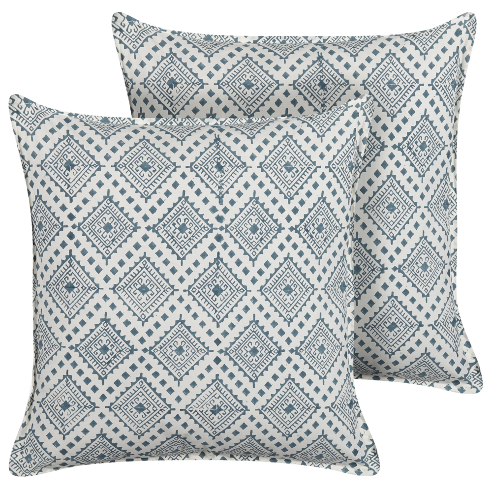 Set di 2 cuscini cotone blu e bianco 45 x 45 cm stampa a mano rivestimenti sfoderabili cerniera motivo orientale