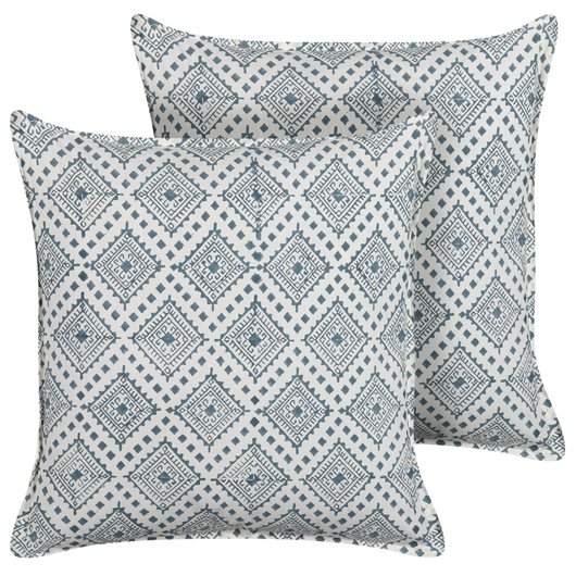 Set di 2 cuscini cotone blu e bianco 45 x 45 cm stampa a mano rivestimenti sfoderabili cerniera motivo orientale