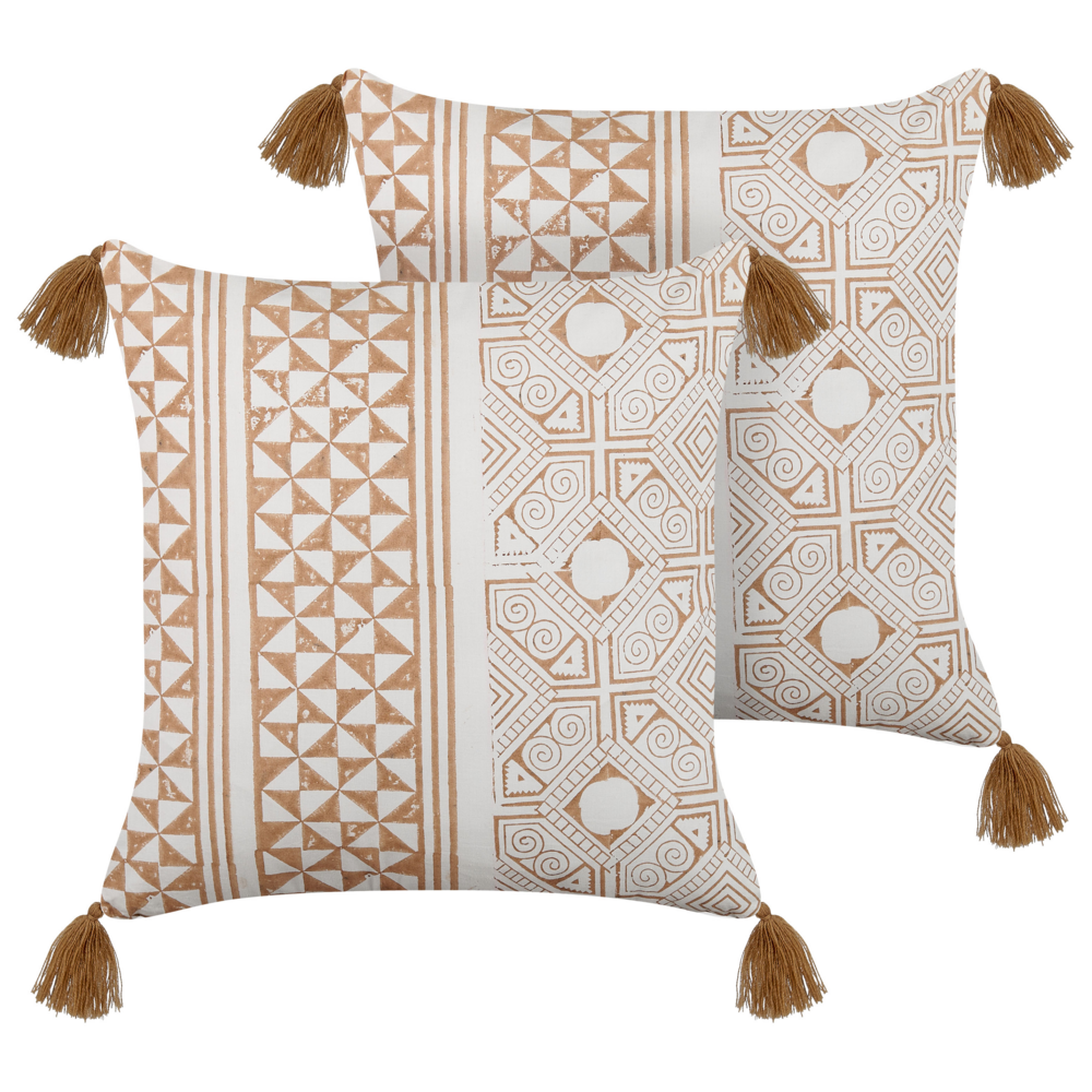 Set di 2 cuscini decorativi marrone chiaro e bianco 45 x 45 cm stampa a mano rivestimenti sfoderabili cerniera motivo azteco