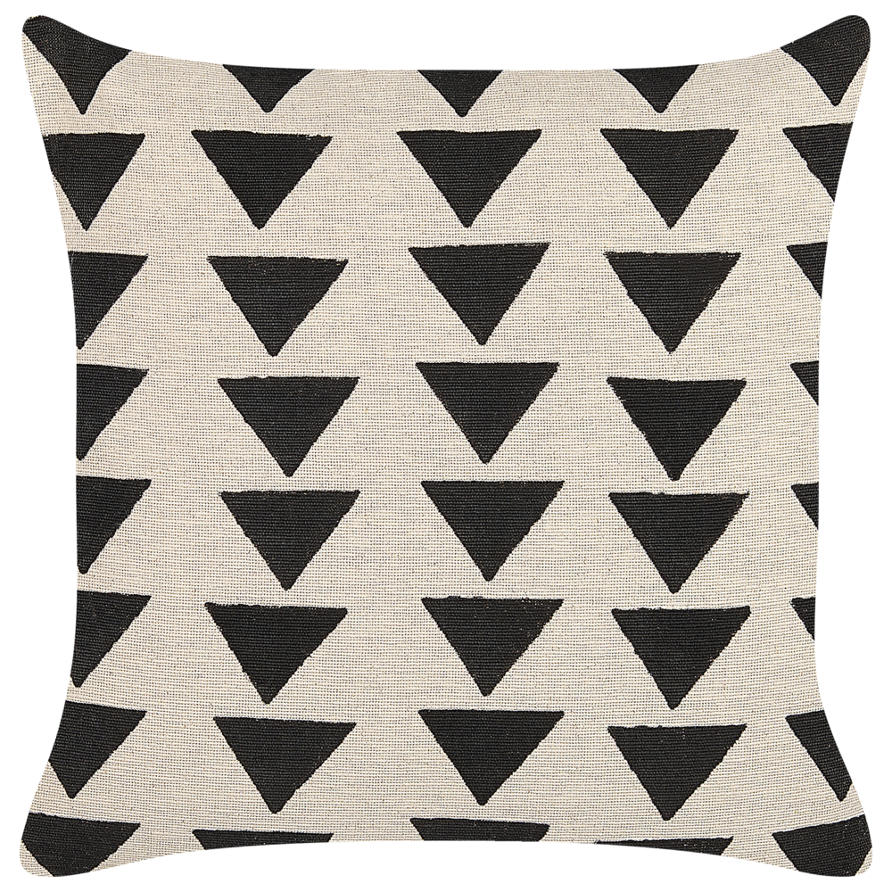 Cuscino decorativo cotone beige e nero 45 x 45 cm motivo geometrico triangolare realizzato a mano fodera rimovibile con imbottitura