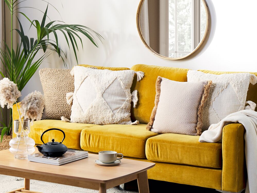 Cuscino decorativo cotone beige chiaro 45 x 45 cm motivo geometrico nappe rivestimento sfoderabile con imbottitura boho