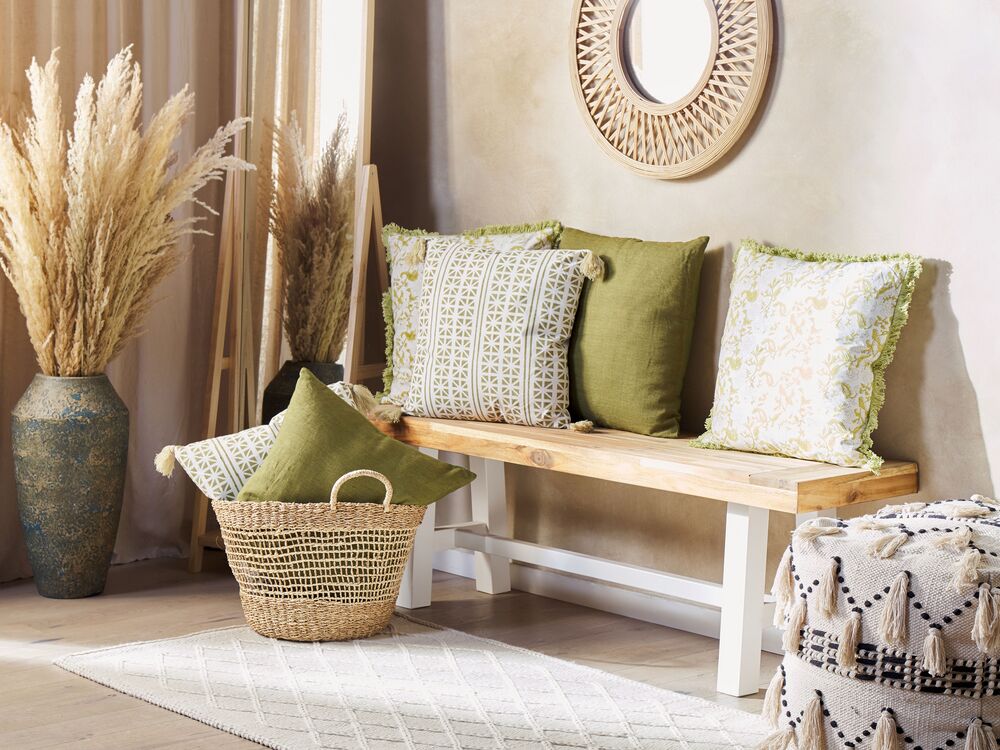 Set di 2 cuscini sparsi verde e bianco 45 x 45 cm stampa a blocchi a mano rivestimenti rimovibili cerniera motivo boho