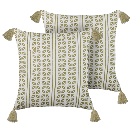 Set di 2 cuscini sparsi verde e bianco 45 x 45 cm stampa a blocchi a mano rivestimenti rimovibili cerniera motivo boho