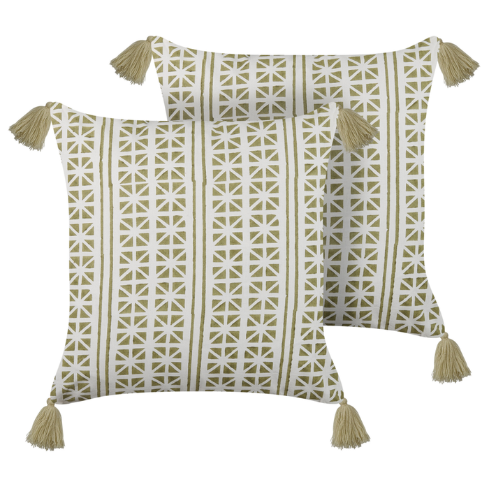 Set di 2 cuscini sparsi verde e bianco 45 x 45 cm stampa a blocchi a mano rivestimenti rimovibili cerniera motivo boho